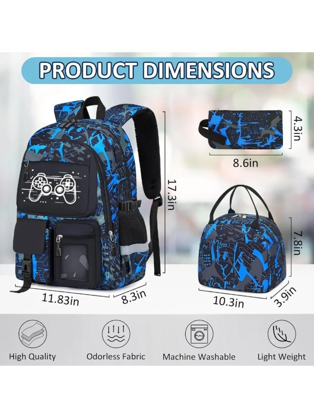 Gamer Boys School Backpack Set - 4pc with Lunch Box, Large Capacity